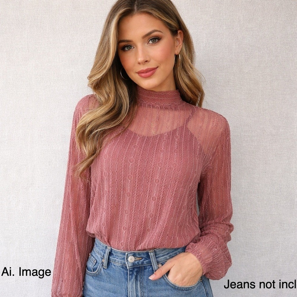 Red By BKE Dusty Rose Women M Sheer Lace Top Tie Back Mock Neck Coquette Boho